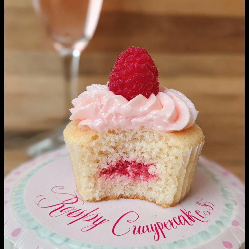A bitten Raspberry Champagne Cupcakes showing a bright pink raspberry filling inside the light cake base, topped with pink frosting and a fresh raspberry.