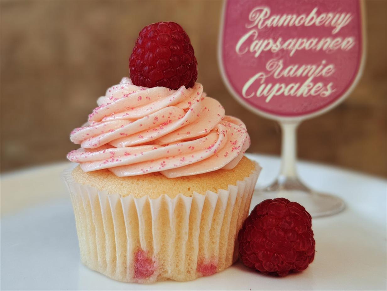 A beautifully frosted Raspberry Champagne Cupcakes topped with a fresh raspberry, with another raspberry beside it.