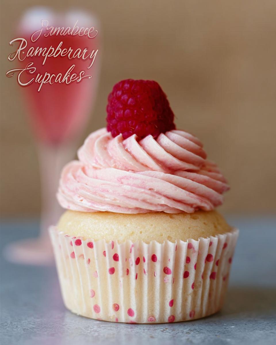 A close-up of a single Raspberry Champagne Cupcakes topped with pink swirled frosting and a fresh raspberry.