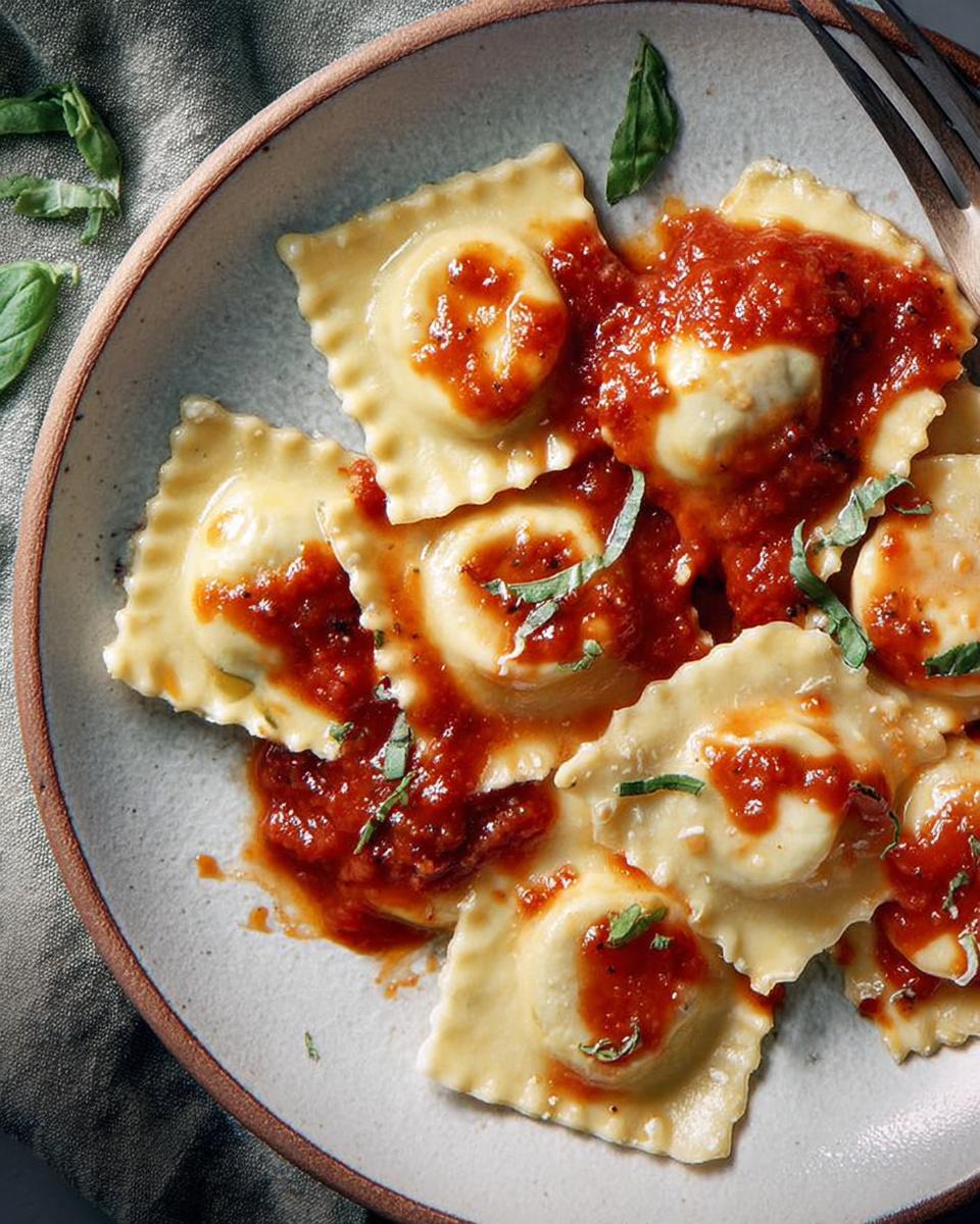 Close-up of ravioli pasta with rich marinara sauce and fresh basil, a perfect pasta recipe.
