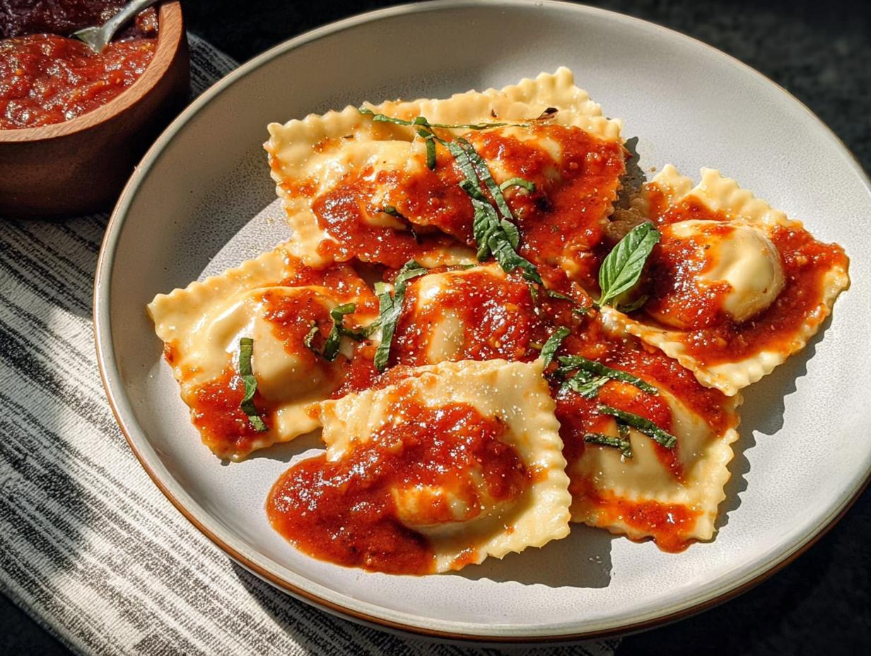 A plate of delicious ravioli with marinara sauce and basil, a perfect addition to pasta recipes.