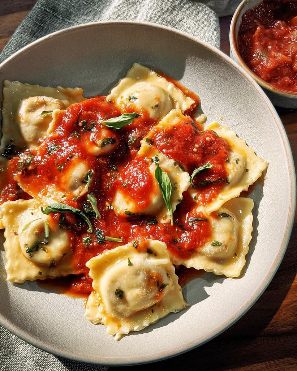 A close-up of fresh ravioli generously topped with a vibrant tomato sauce and garnished with basil leaves. A perfect pasta recipe.