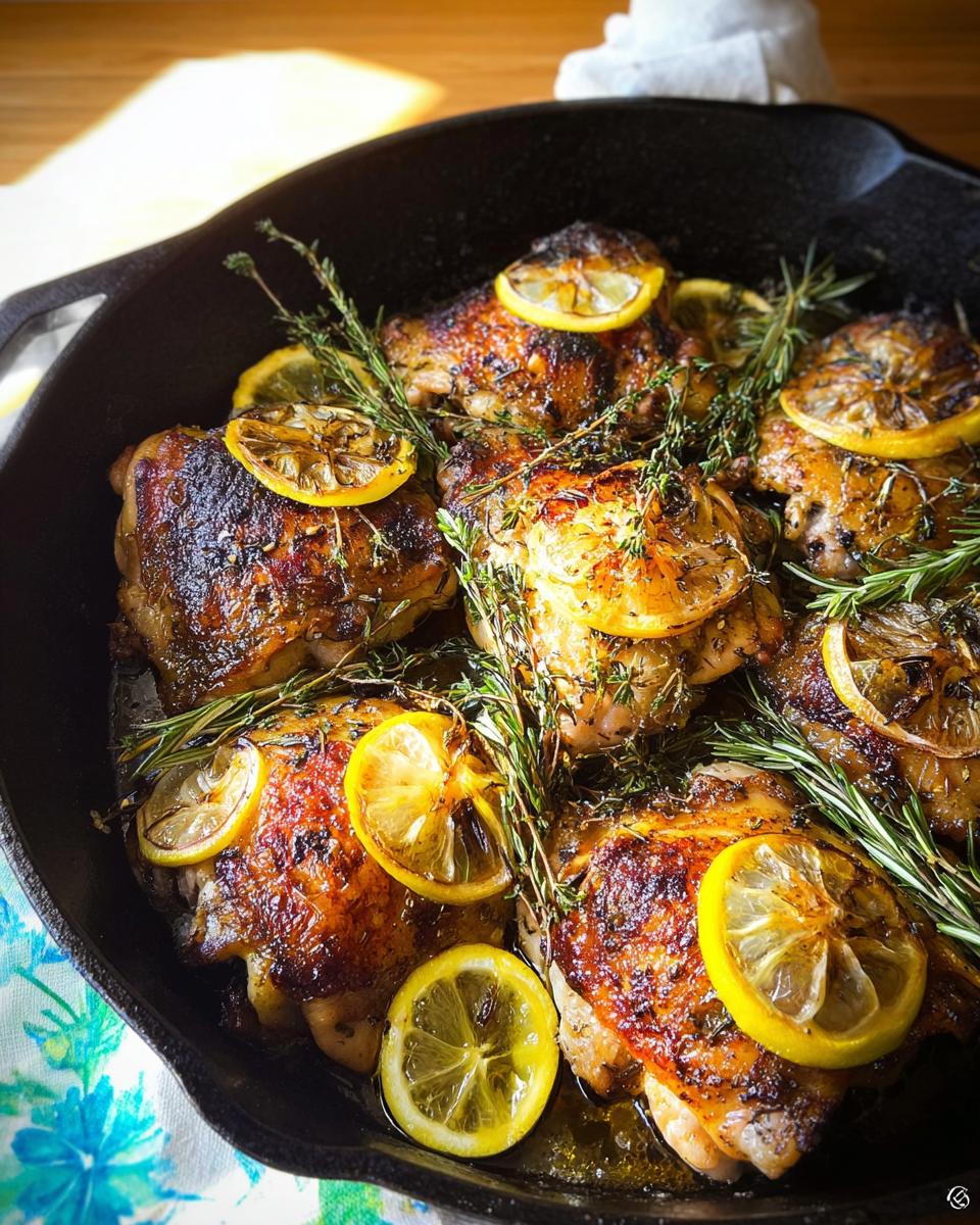 Golden-brown restaurant-style chicken thighs baked in a cast-iron skillet with lemon slices and fresh rosemary and thyme.