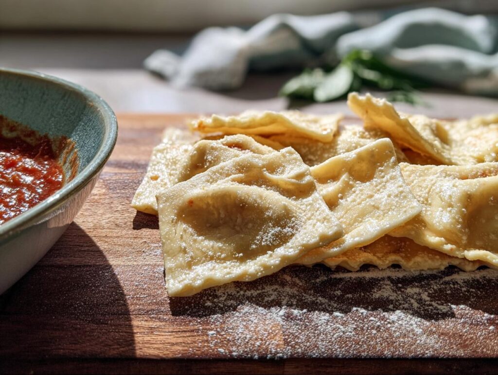 Close-up of fresh ravioli dusted with flour, next to a bowl of marinara sauce, perfect for restaurant pasta recipes at home.