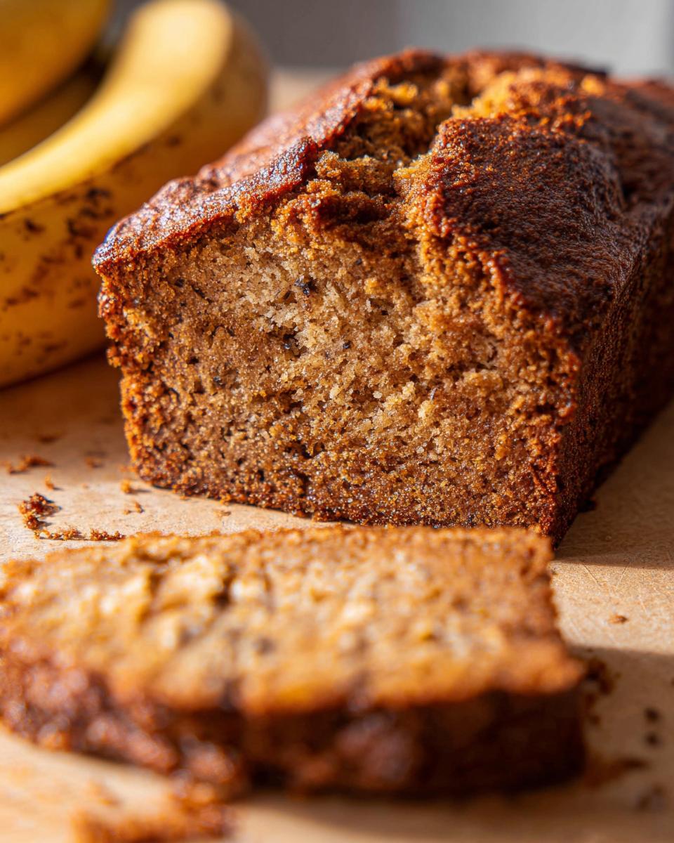 A close-up of a moist, restaurant-style banana bread loaf with a slice cut and resting in front.