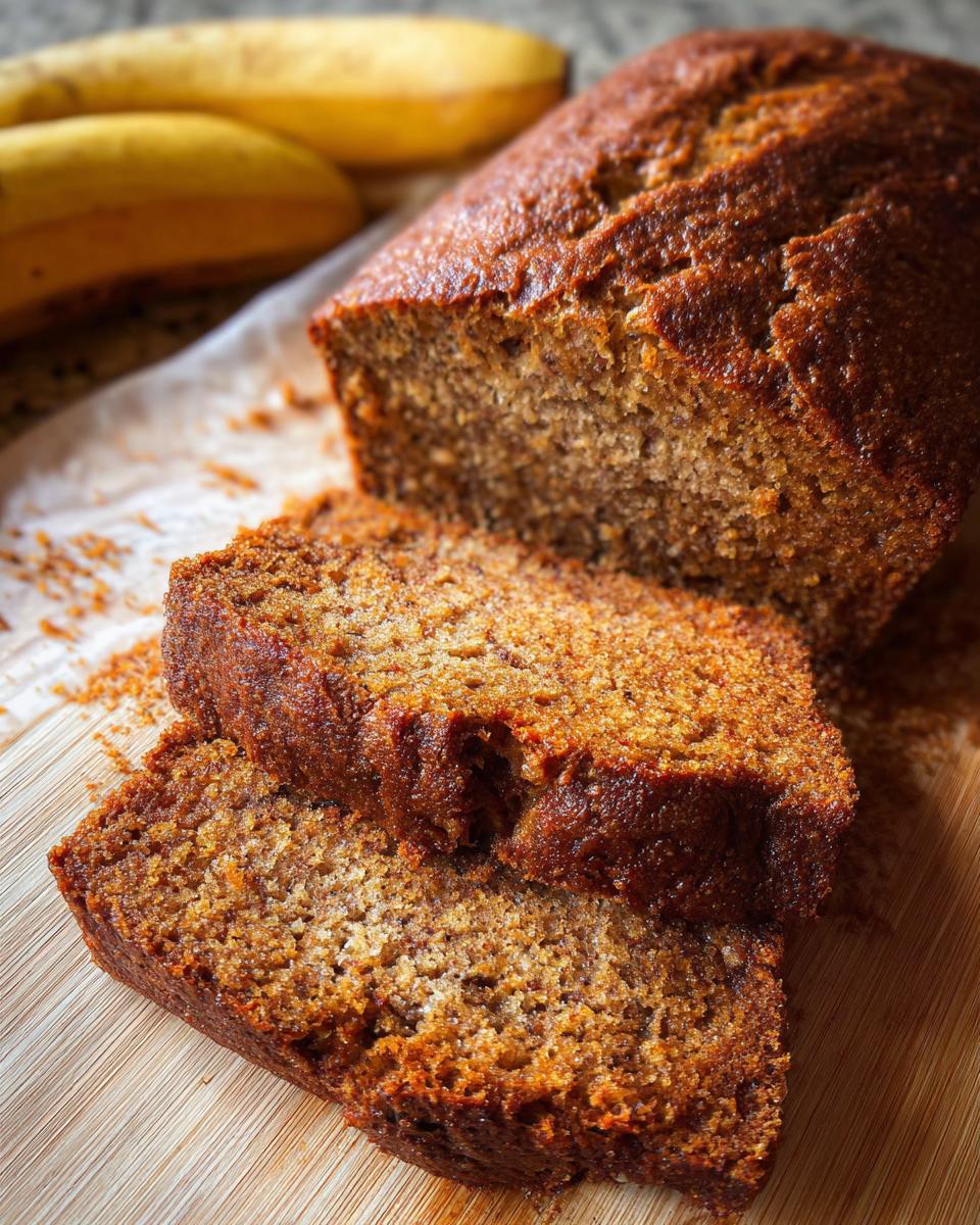 A close-up of a moist, restaurant-style banana bread loaf with two slices cut, on a wooden board.