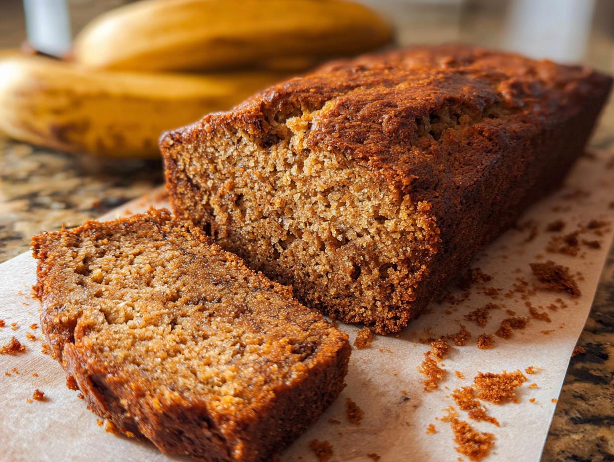 A moist and golden-brown loaf of restaurant-style banana bread, with one slice cut and placed in front.