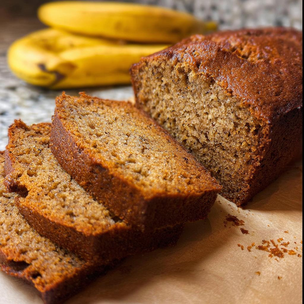 Close-up of moist Restaurant-Style Banana Bread at Home, with slices cut and ready to serve.