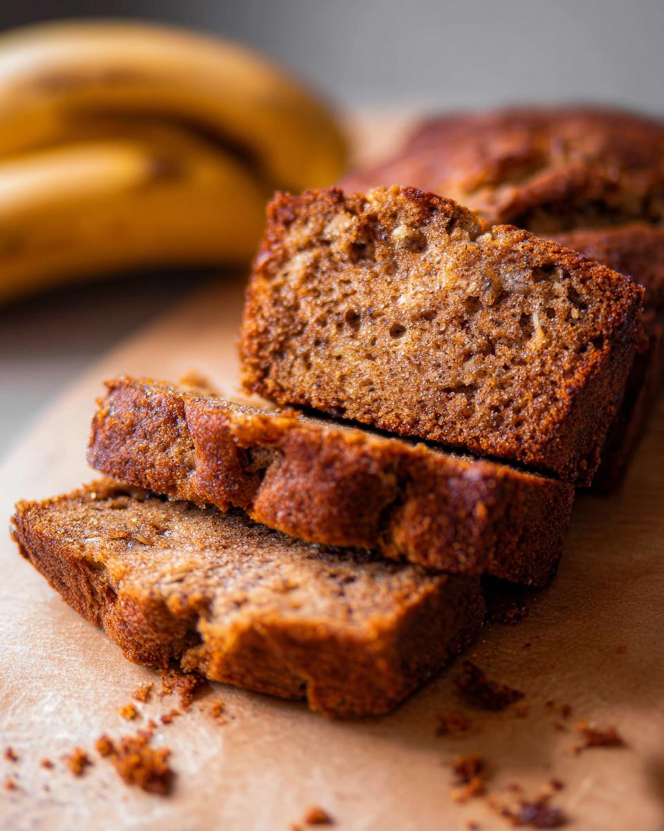 Close-up of moist, sliced Restaurant-Style Banana Bread at Home on a wooden board.