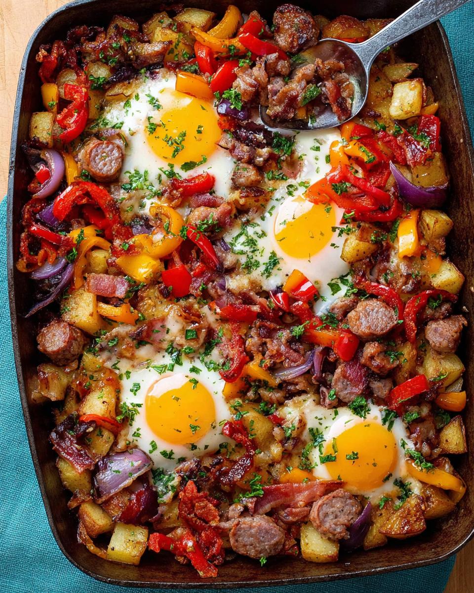 A rustic baked dish with eggs, potatoes, sausage, and peppers, perfect for restaurant-style breakfast ideas at home.