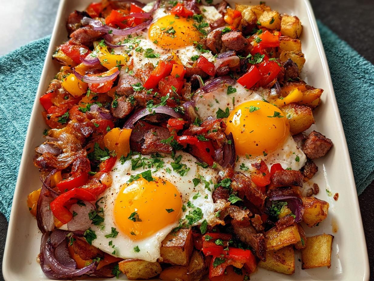 A generous serving of restaurant-style breakfast hash with fried eggs, sausage, potatoes, and peppers, a perfect addition to restaurant-style breakfast ideas at home.