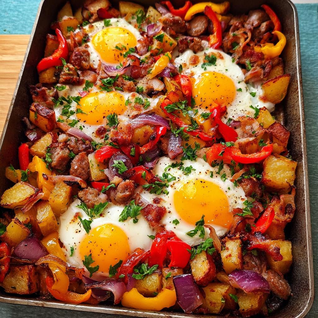 A hearty restaurant-style breakfast hash with eggs, potatoes, sausage, peppers, and onions, sprinkled with parsley.