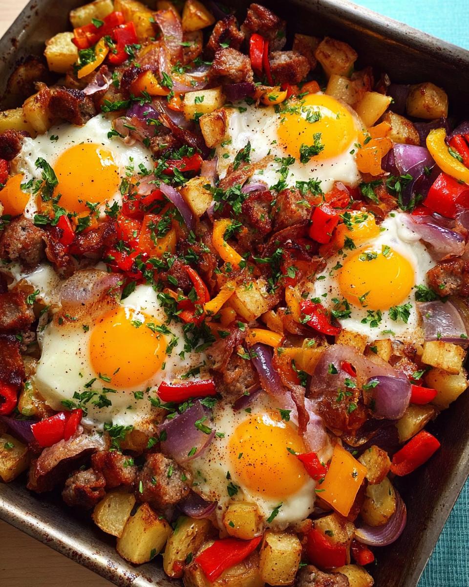 Close-up of a pan filled with restaurant-style breakfast ideas: baked eggs, potatoes, sausage, and peppers.