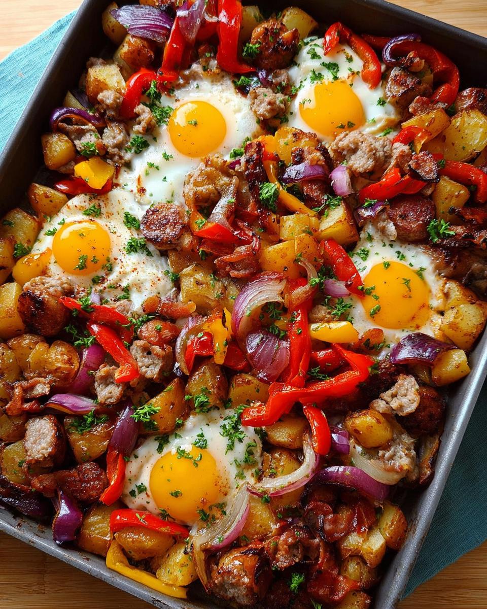 A colorful sheet pan breakfast with eggs, potatoes, sausage, and peppers, perfect for restaurant-style breakfast ideas at home.