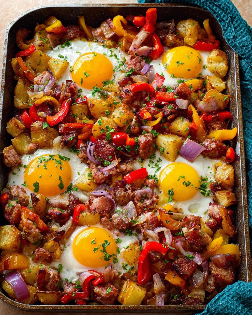 A colorful sheet pan breakfast with eggs, potatoes, sausage, and peppers, perfect for restaurant-style breakfast ideas at home.