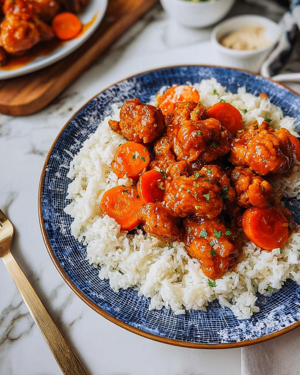 Close-up of restaurant-style chicken at home served over fluffy white rice with sliced carrots.