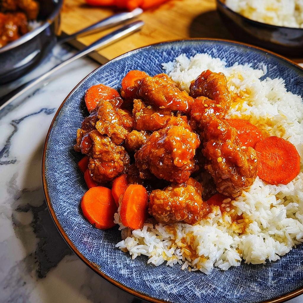 A close-up of restaurant-style chicken at home, coated in a glossy orange sauce, served with fluffy white rice and sliced carrots.