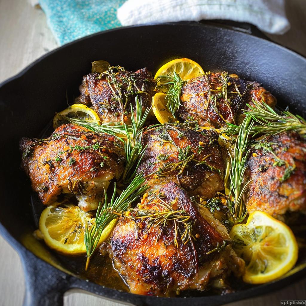 Close-up of juicy, golden-brown restaurant-style chicken thighs baked in a cast-iron skillet with lemon slices and fresh rosemary.