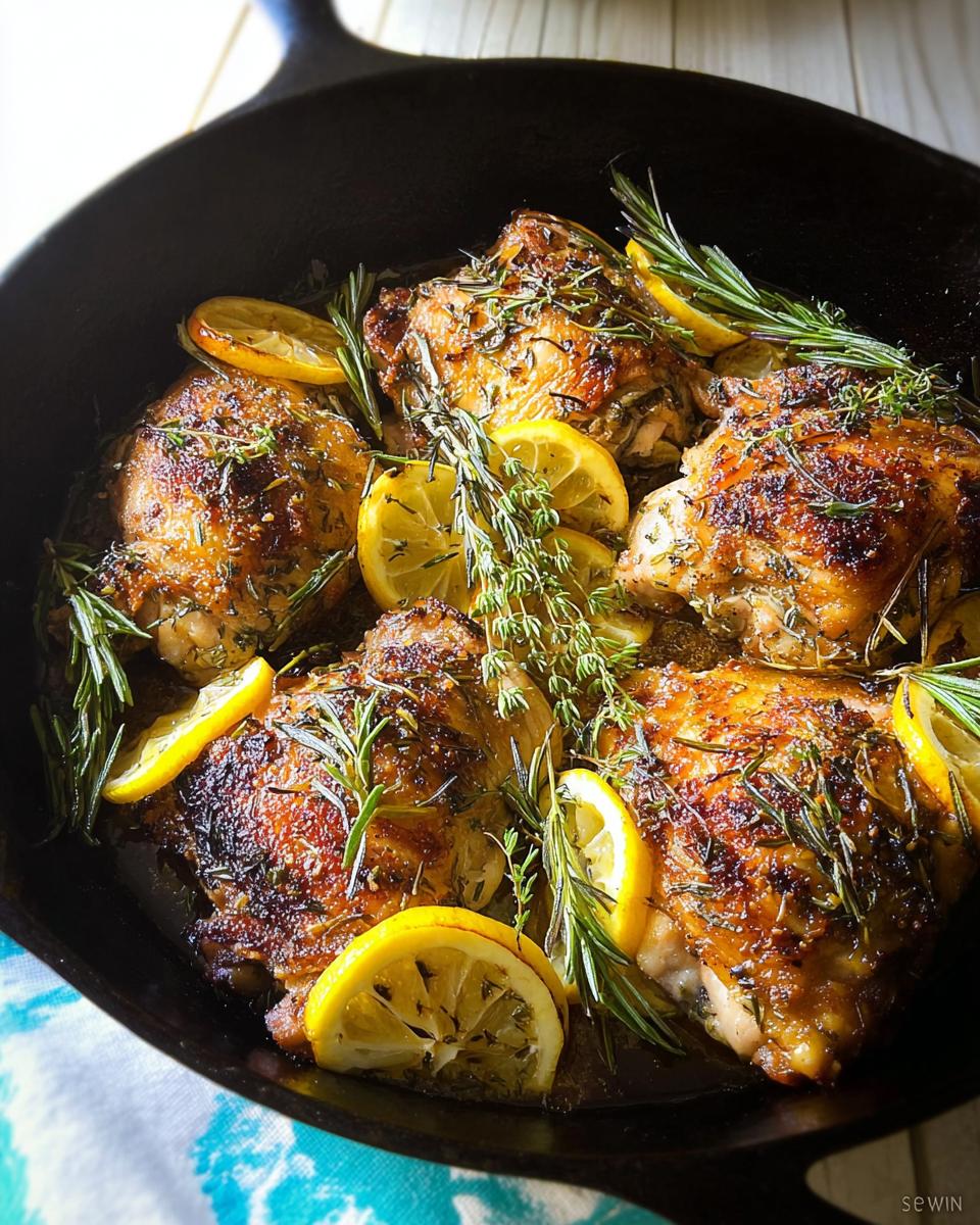 Close-up of restaurant-style chicken thighs baked in a cast iron skillet with lemon slices and rosemary.