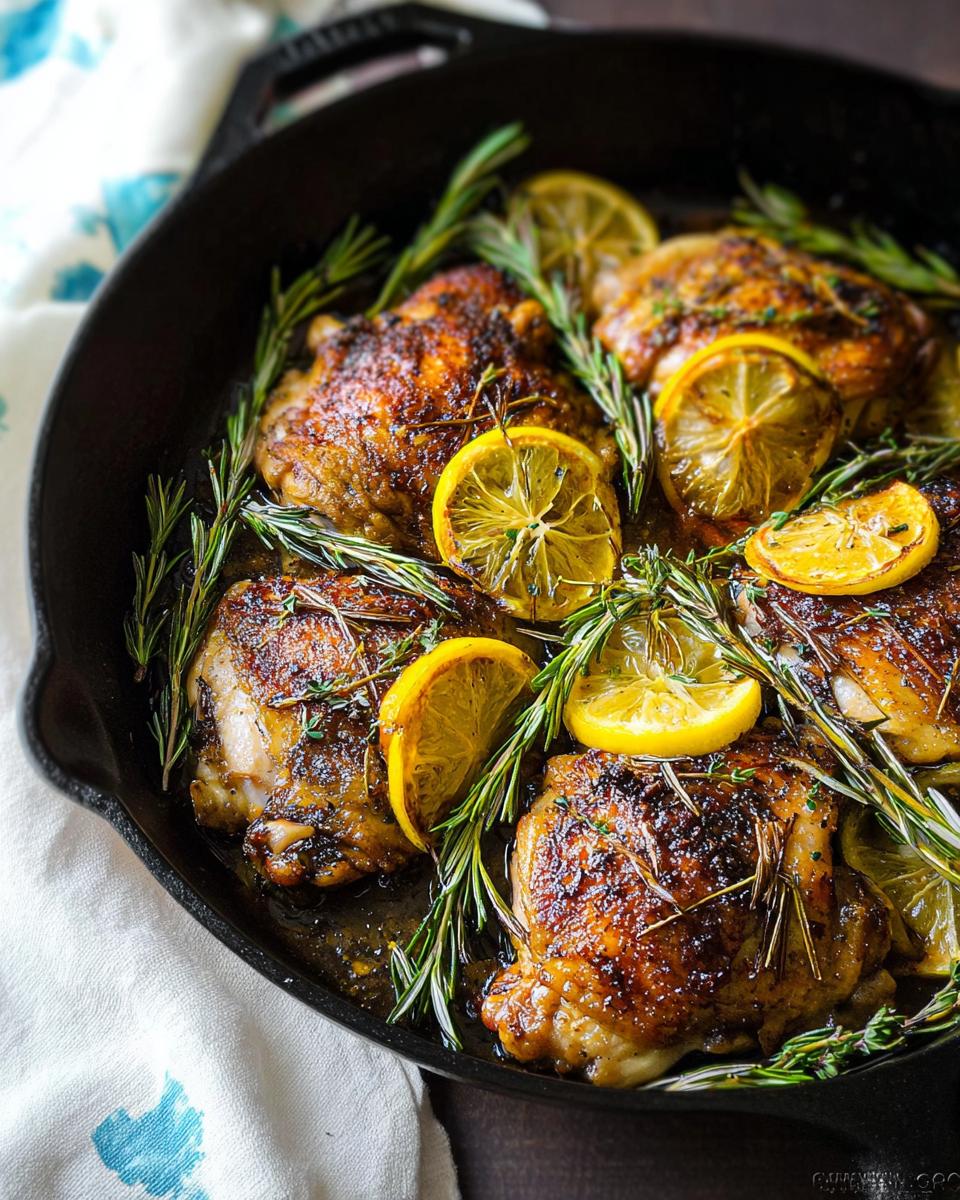 Close-up of restaurant-style chicken thighs baked in a cast-iron skillet with lemon slices and fresh rosemary.