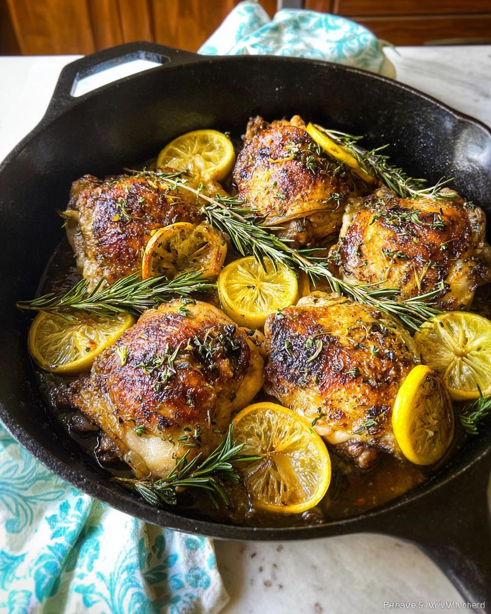 Golden-brown restaurant-style chicken thighs cooked with lemon slices and fresh rosemary in a cast-iron skillet.