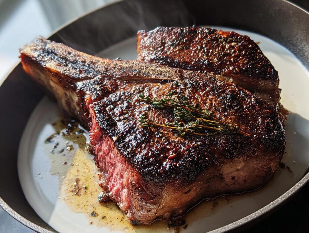 A perfectly cooked, juicy Tomahawk steak with a dark crust, seasoned and garnished with thyme, served in a cast iron skillet.