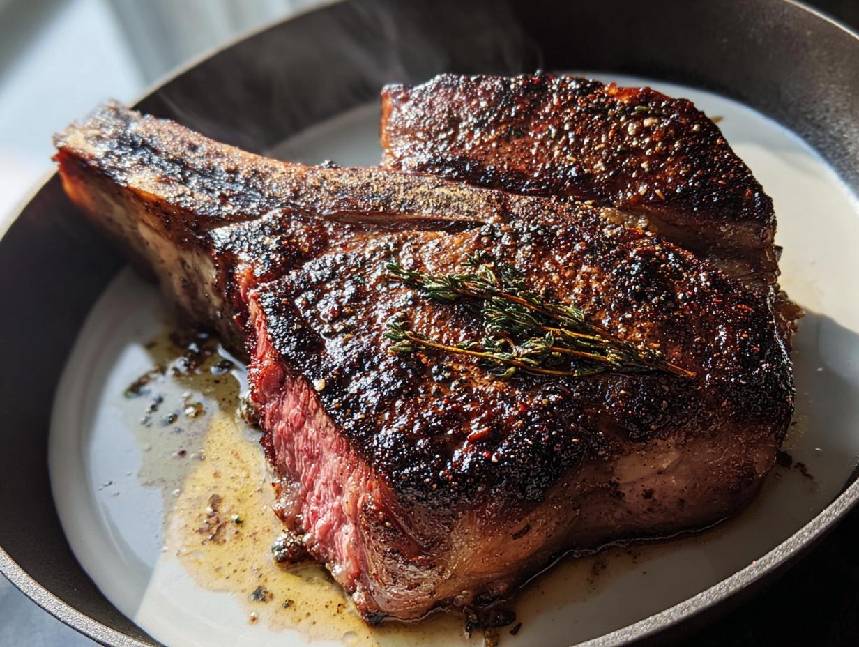 A perfectly cooked, juicy Tomahawk steak with a dark crust, seasoned and garnished with thyme, served in a cast iron skillet.