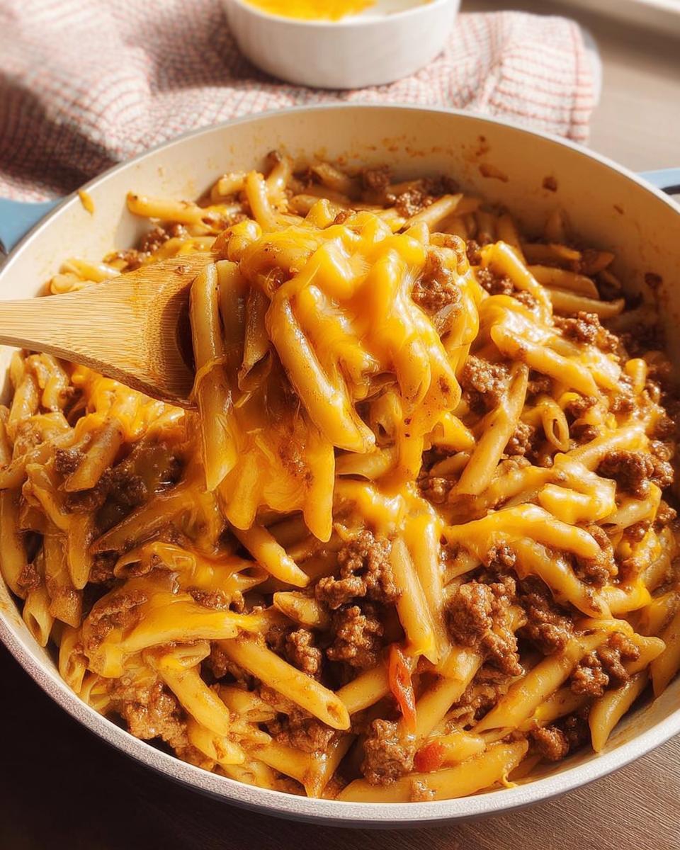 Close-up of a creamy pasta dish with ground beef and melted cheese, a wooden spoon scooping some up.