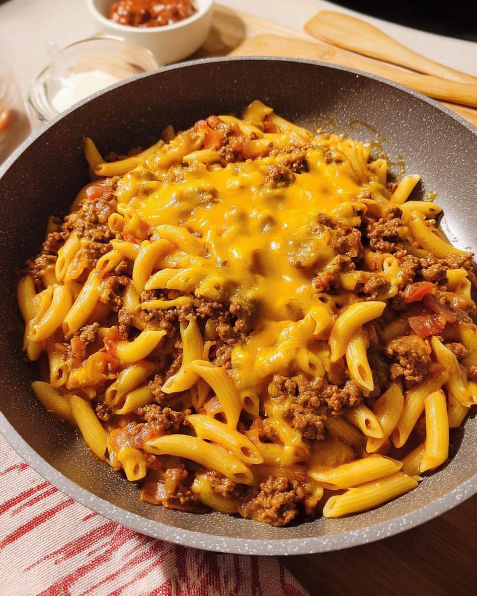 A skillet filled with pasta, ground beef, and melted cheese, a delicious restaurant-style ground beef recipe.