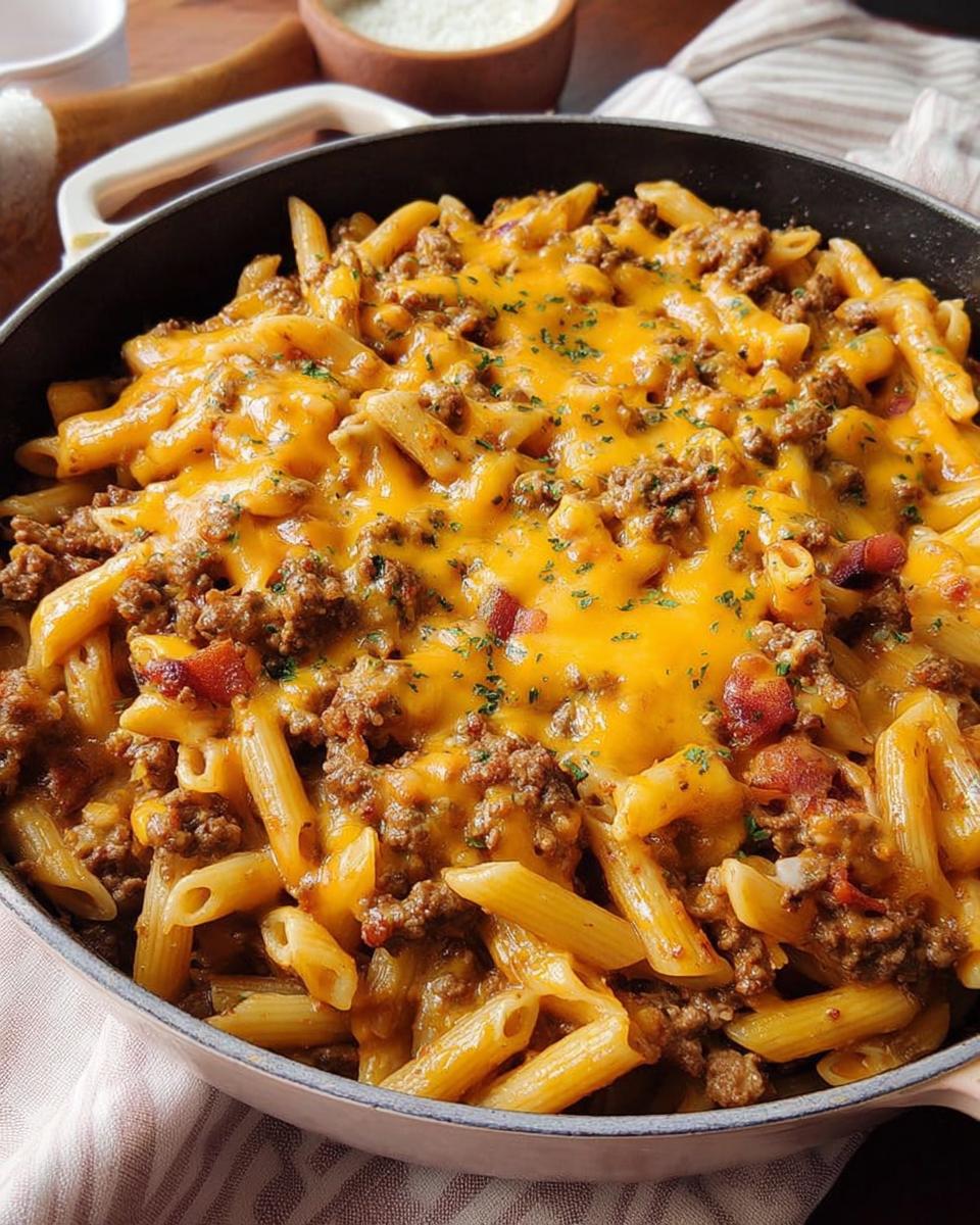Close-up of a skillet filled with penne pasta, seasoned ground beef, melted cheddar cheese, and bacon bits, a perfect example of restaurant-style ground beef recipes at home.