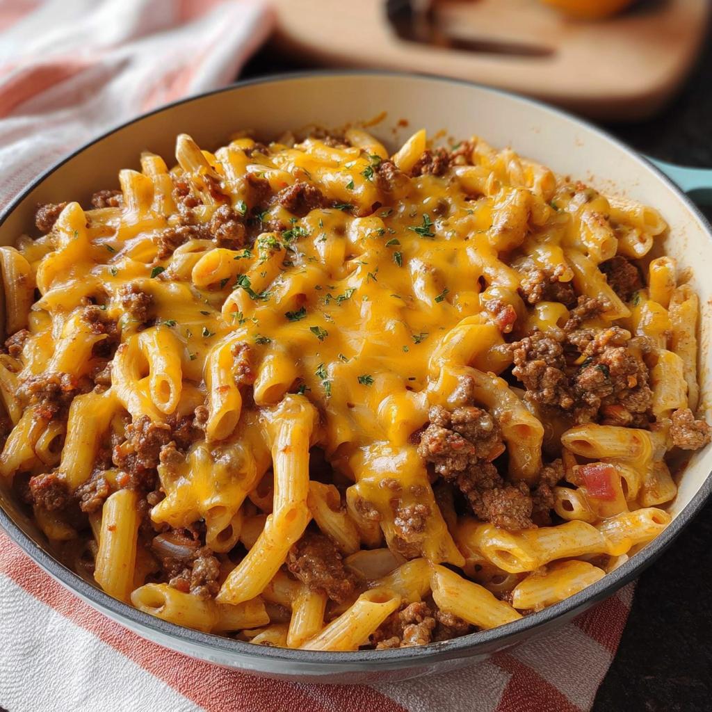 A close-up of a skillet filled with pasta and seasoned ground beef, topped with melted cheddar cheese and a sprinkle of parsley. A delicious restaurant-style ground beef recipe.