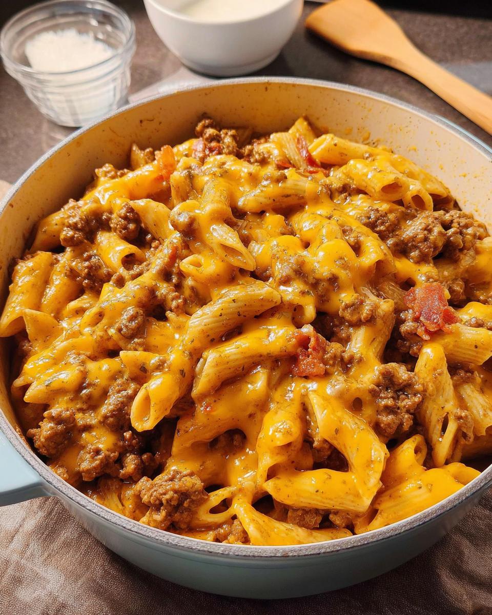 Close-up of a pan filled with penne pasta, ground beef, and melted cheese, a restaurant-style ground beef recipe.