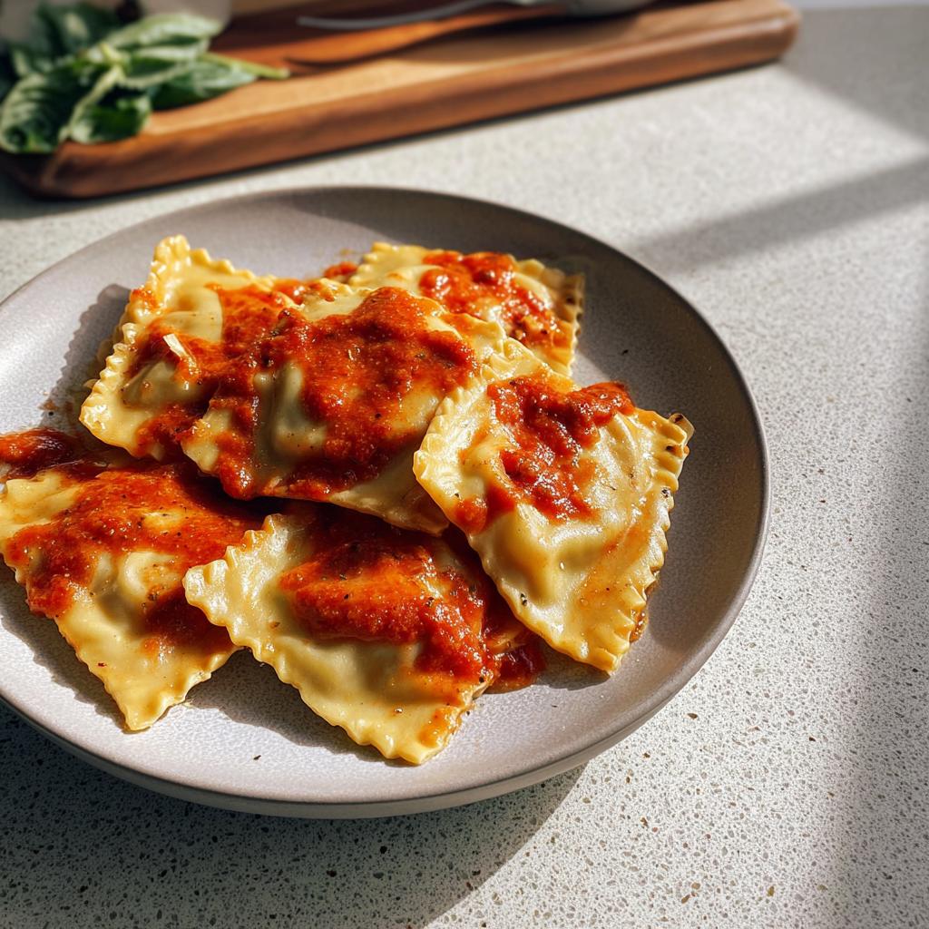 A plate of delicious ravioli topped with rich marinara sauce, perfect for restaurant-style pasta recipes at home.