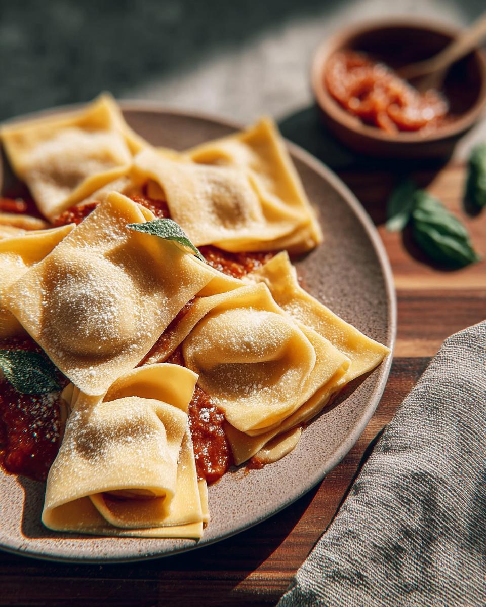 Close-up of fresh ravioli with marinara sauce, a restaurant-style pasta recipe at home.
