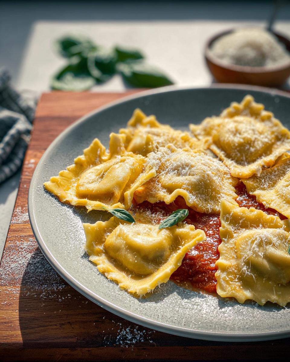 Close-up of delicious ravioli with marinara sauce and grated parmesan, a perfect restaurant-style pasta recipe at home.