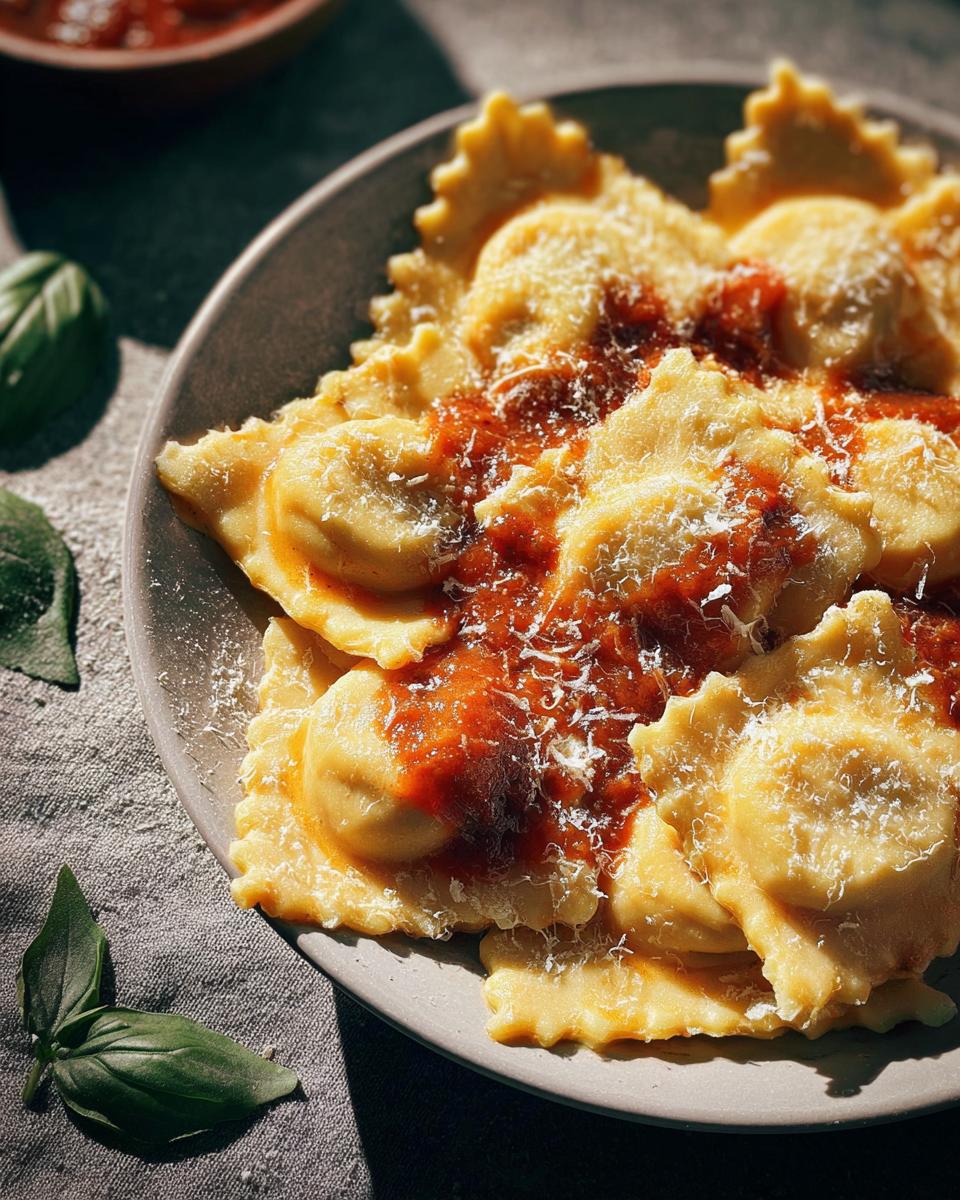 Close-up of restaurant-style ravioli with marinara sauce and grated parmesan cheese, a perfect example of restaurant pasta recipes at home.
