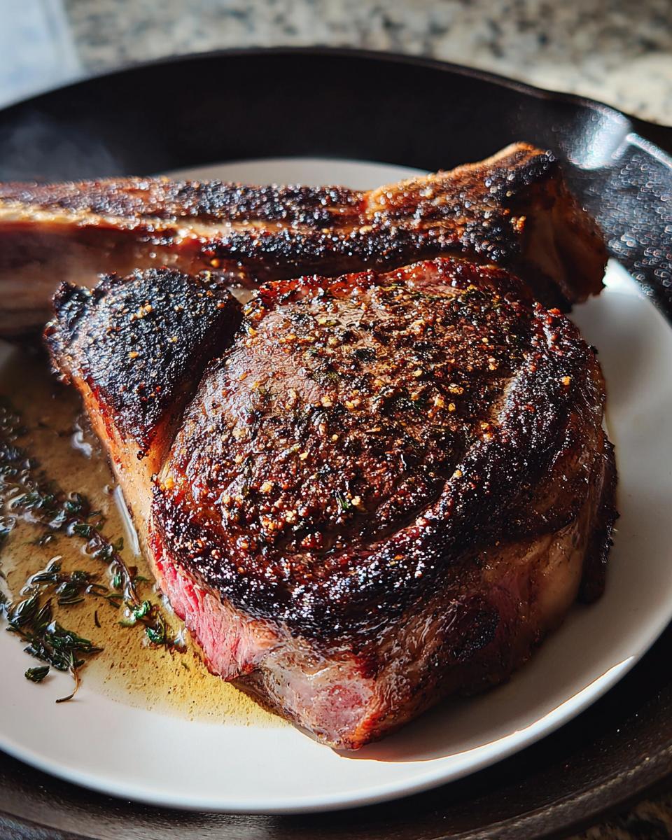 Close-up of a perfectly cooked ribeye steak with a thick bone, seasoned and seared, served with pan juices and herbs. A restaurant-style dinner idea.