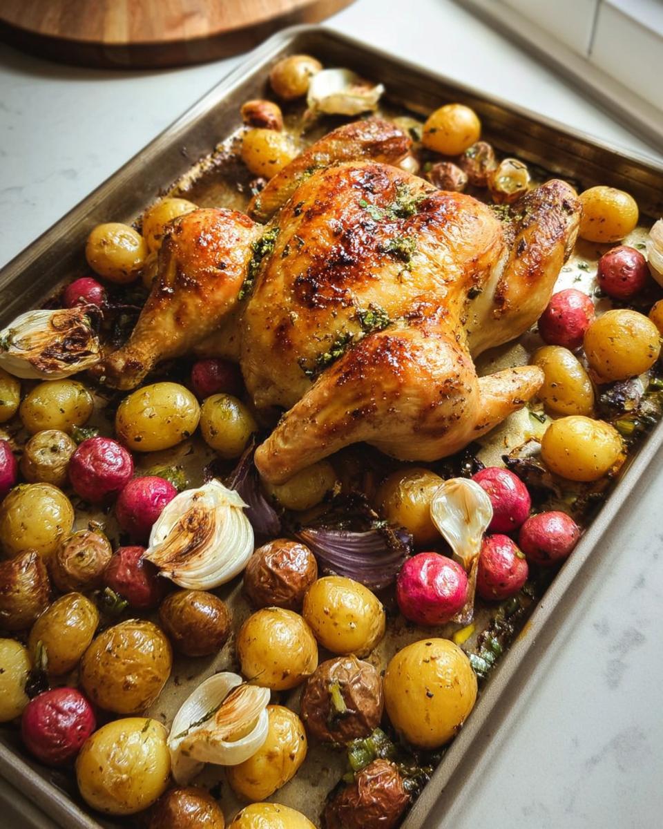 A golden-brown whole roast chicken with potatoes and radishes on a baking sheet, part of restaurant-style easy dinner recipes at home.