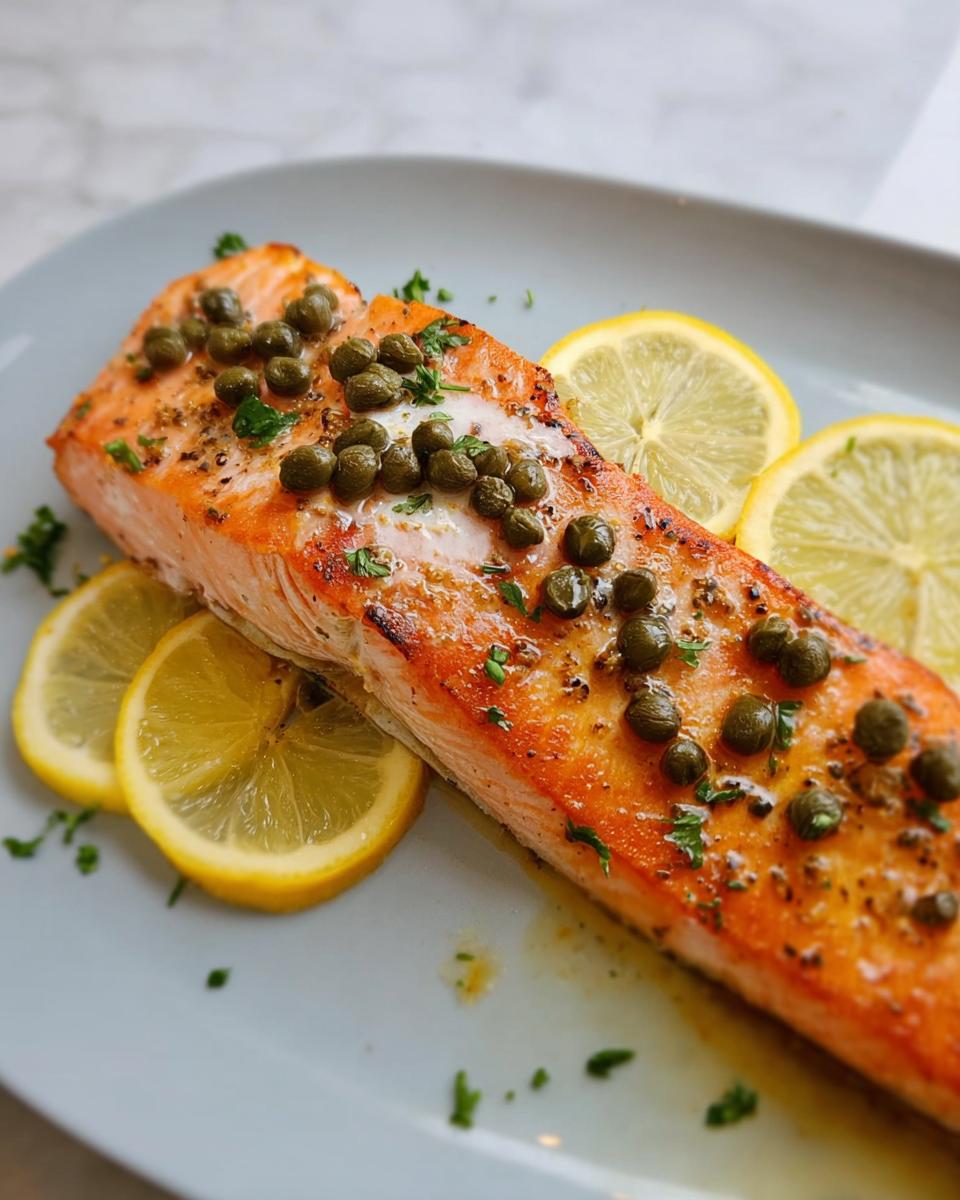 A perfectly cooked salmon fillet topped with capers and herbs, served with lemon slices, showcasing restaurant-style dinner recipes at home.