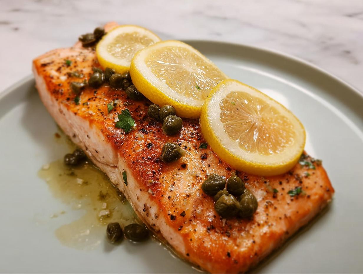 A beautifully cooked salmon fillet topped with lemon slices and capers, perfect for restaurant-style dinner recipes at home.