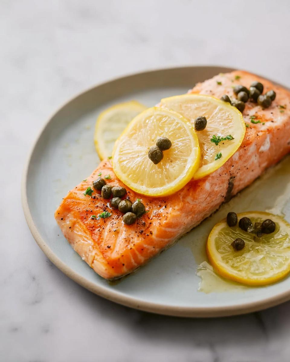 A perfectly cooked salmon fillet topped with lemon slices and capers, part of Restaurant-Style Dinner Recipes at Home.