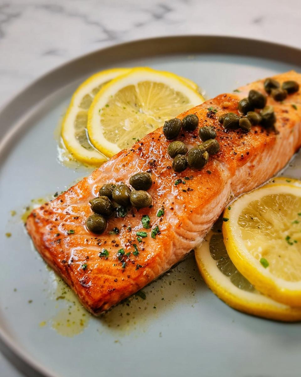 A perfectly cooked salmon fillet topped with capers and served with lemon slices, showcasing restaurant-style dinner recipes at home.