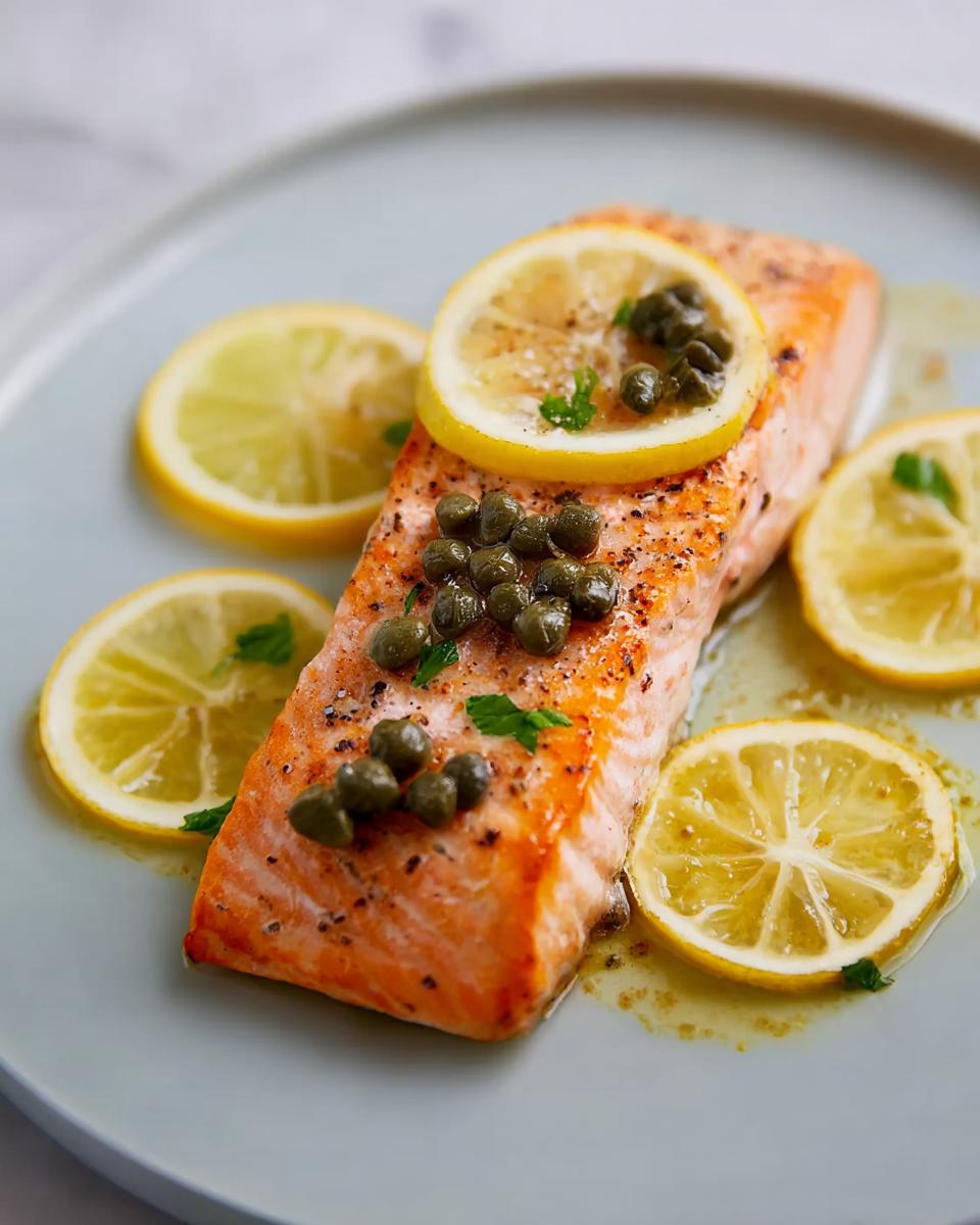 A perfectly cooked salmon fillet topped with capers and lemon slices, presented as one of the Restaurant-Style Dinner Recipes at Home.
