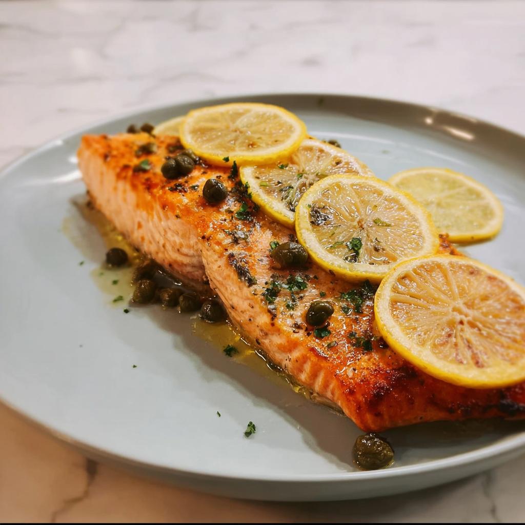 A perfectly cooked salmon fillet topped with lemon slices and capers, a delicious example of restaurant-style dinner recipes at home.