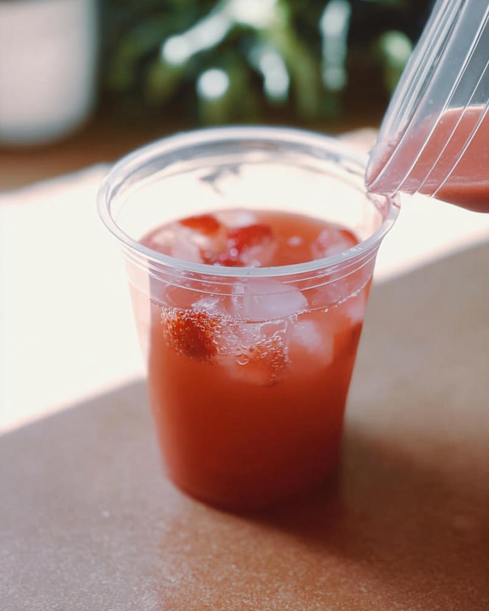 Pouring a strawberry drink into a clear cup with ice and strawberries, for Restaurant-Style Starbucks Drinks at Home.