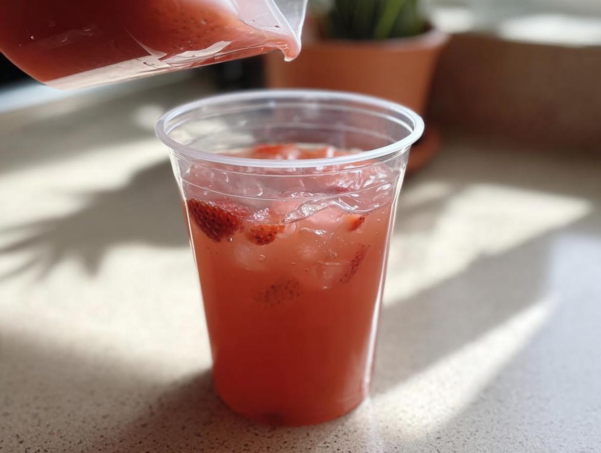 Pouring a refreshing strawberry drink into a clear plastic cup filled with ice and fresh strawberries.