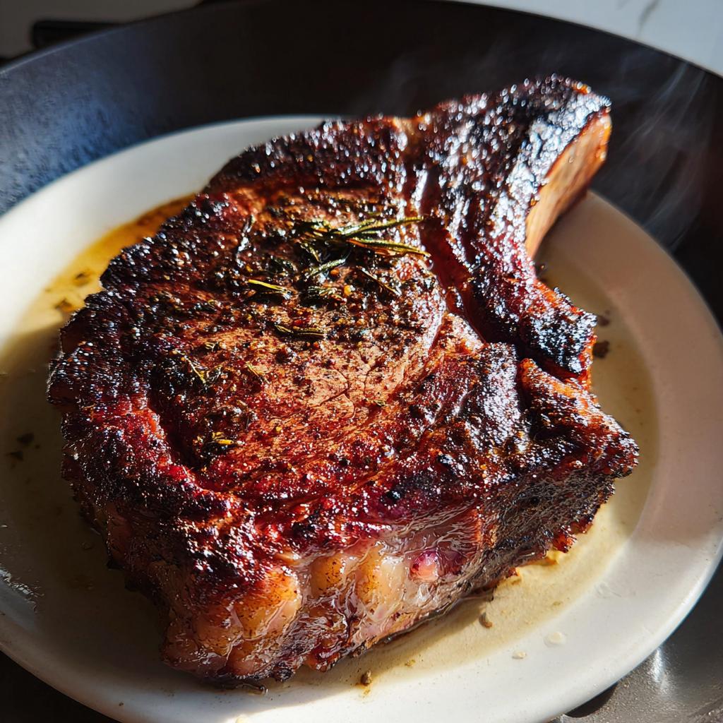 Close-up of a perfectly seared steak with rosemary, a delicious restaurant-style dinner idea at home.