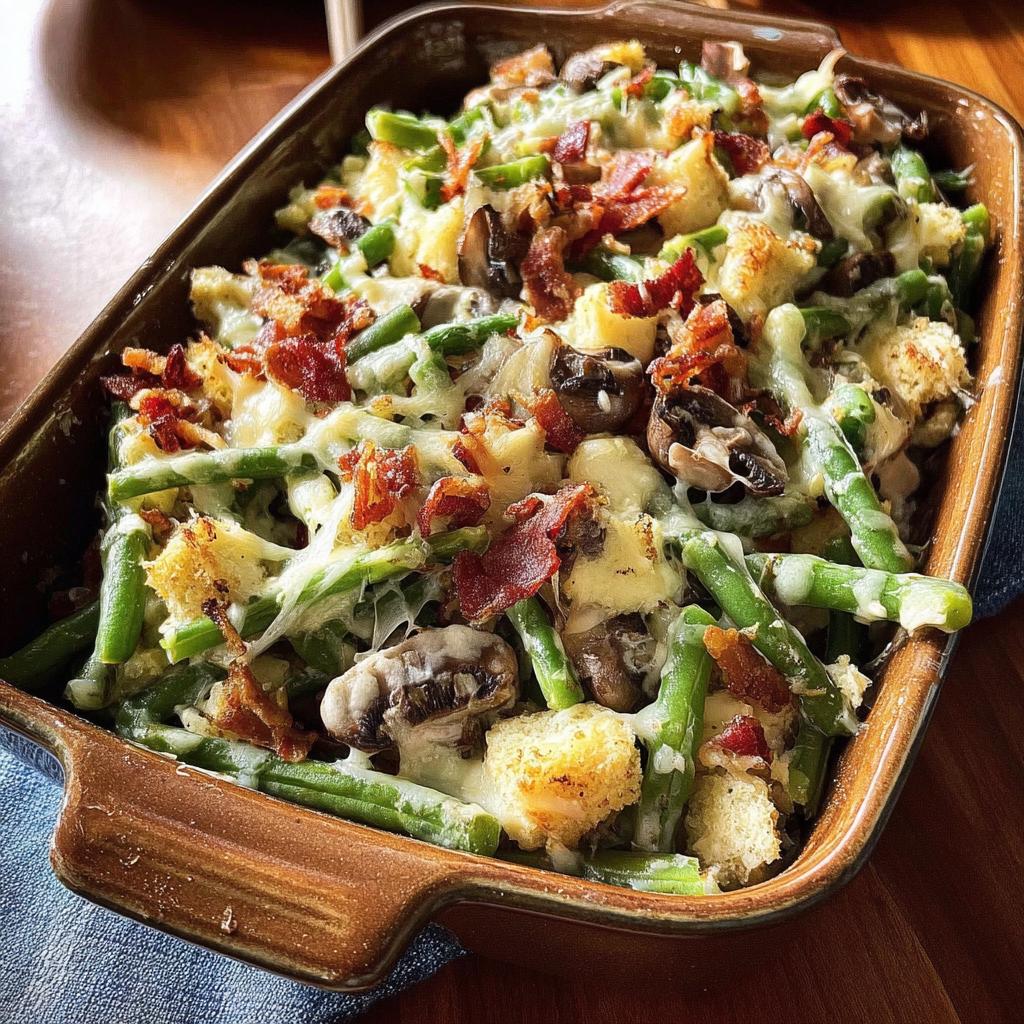 A close-up of a bubbly casserole dish filled with Restaurant-Style Thanksgiving Green Beans, topped with crispy bacon and melted cheese.