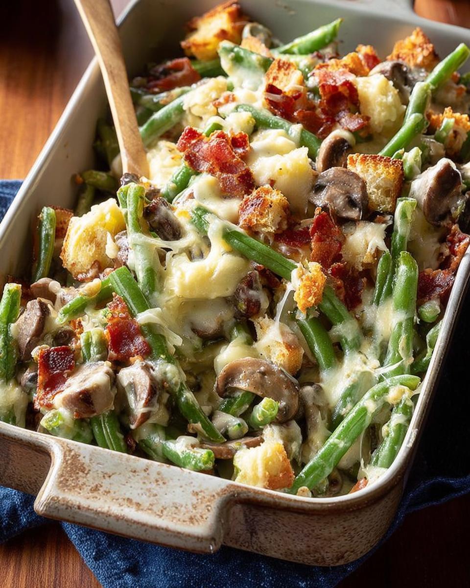 Close-up of a baking dish filled with Restaurant-Style Thanksgiving Green Beans, topped with melted cheese, bacon, and croutons.