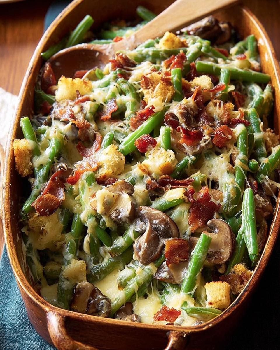 Close-up of Restaurant-Style Thanksgiving Green Beans casserole in a baking dish, topped with melted cheese, bacon, and croutons.